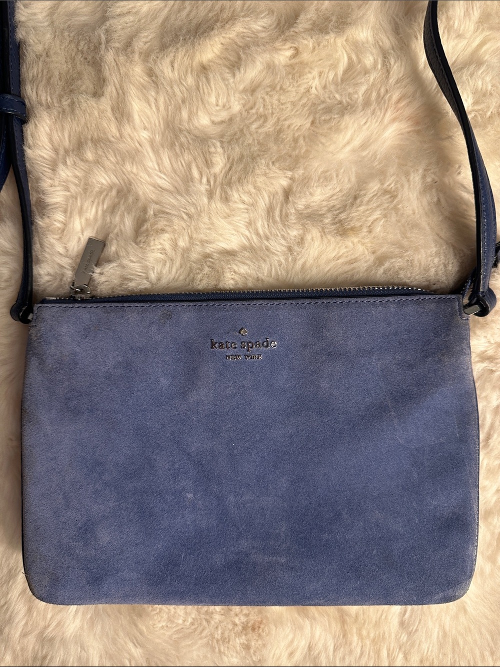 kate spade suede crossbody in dusty blue